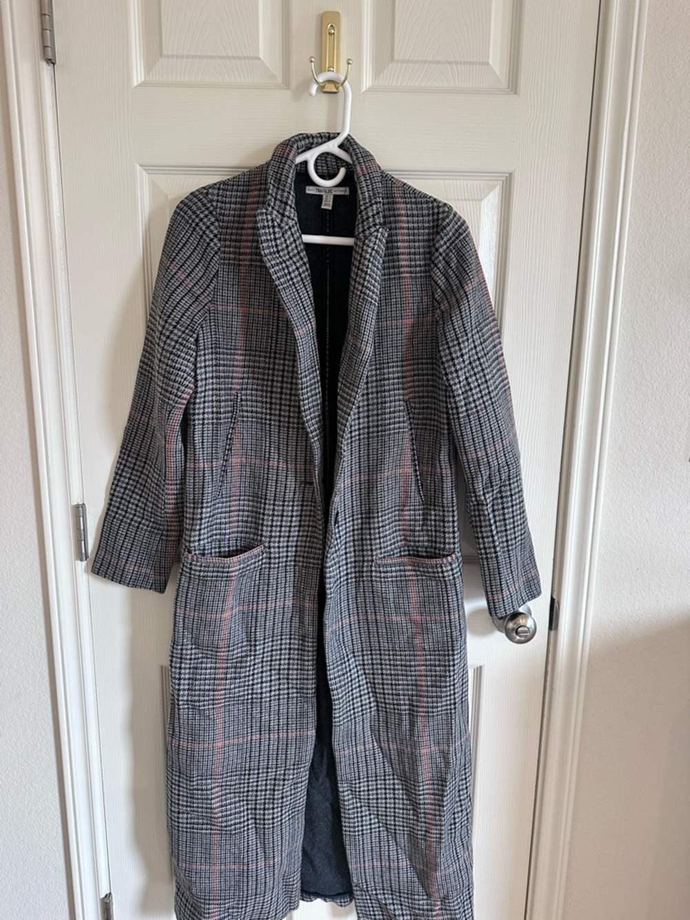 Zara Gray Plaid Long Coat with Pink Windowpane